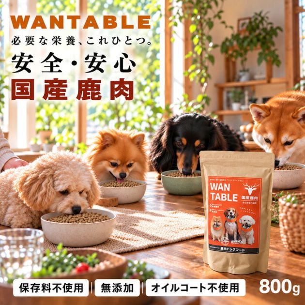 【予約：10月下旬納期】ドッグフード 無添加 800g 鹿肉 国産 総合栄養食 保存料不使用 オイルコート不使用 鶏レバー 魚肉 大麦全粒粉 玄米粉 小型犬 中型犬 大型犬 シニア 成犬 犬用 ごはん WANTABLE 送料無料 ・メール便不可