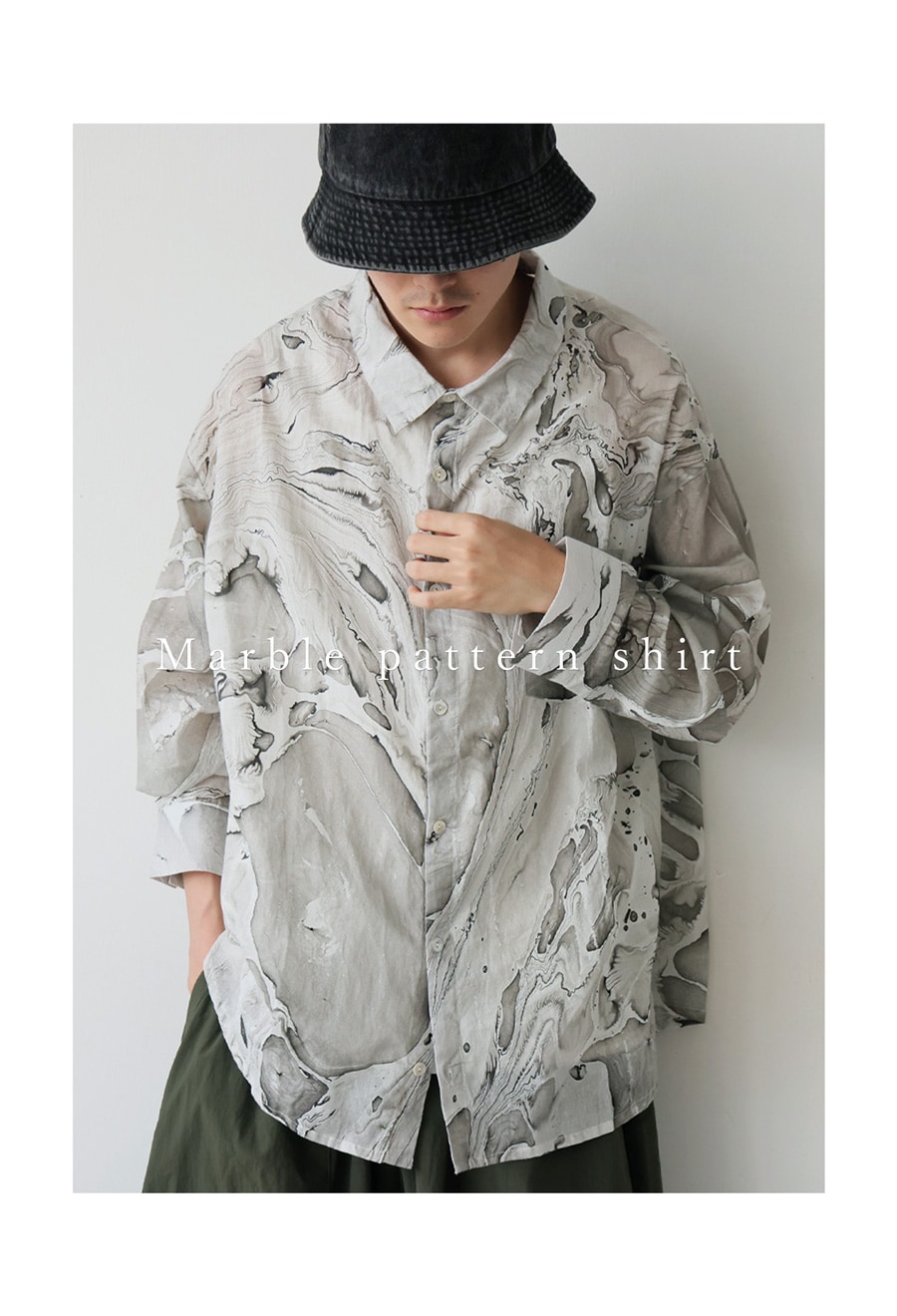 マーブル柄シャツ メンズ トップス 長袖 綿100 送料無料・(80