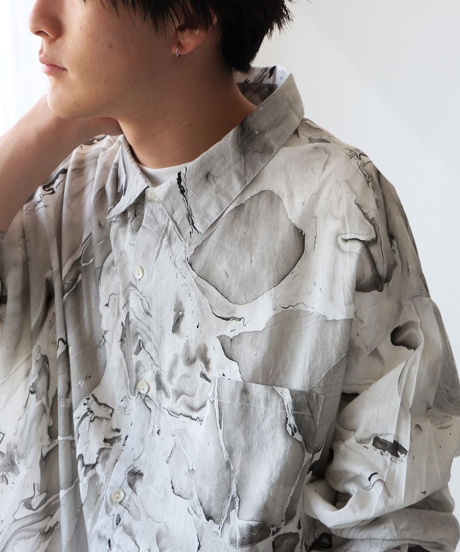マーブル柄シャツ メンズ トップス 長袖 綿100 送料無料・(80)メール便