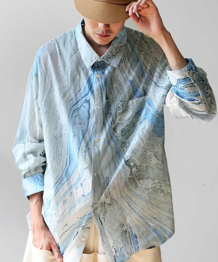 マーブル柄シャツ メンズ トップス 長袖 綿100 送料無料・(80)メール便