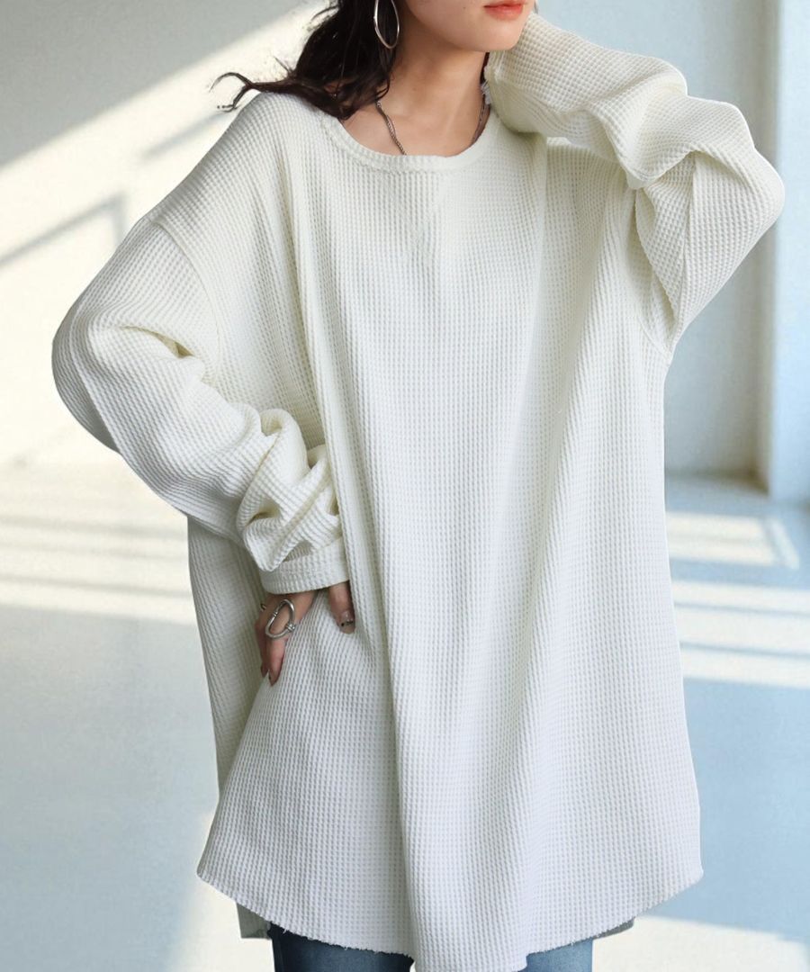 ワッフルトップス レディース 長袖 トップス クルーネック・メール便