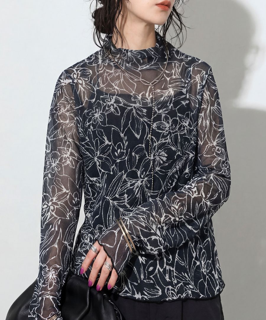 leur logette 花柄 長袖 ハイネック シアートップス 重ねるだけで完成。シアートップス レディース 花柄 ハイネック 長袖