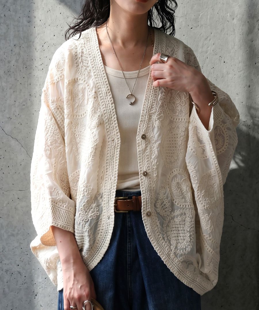 その一枚で、完成する。刺繍レース カーディガン レディース 七分袖