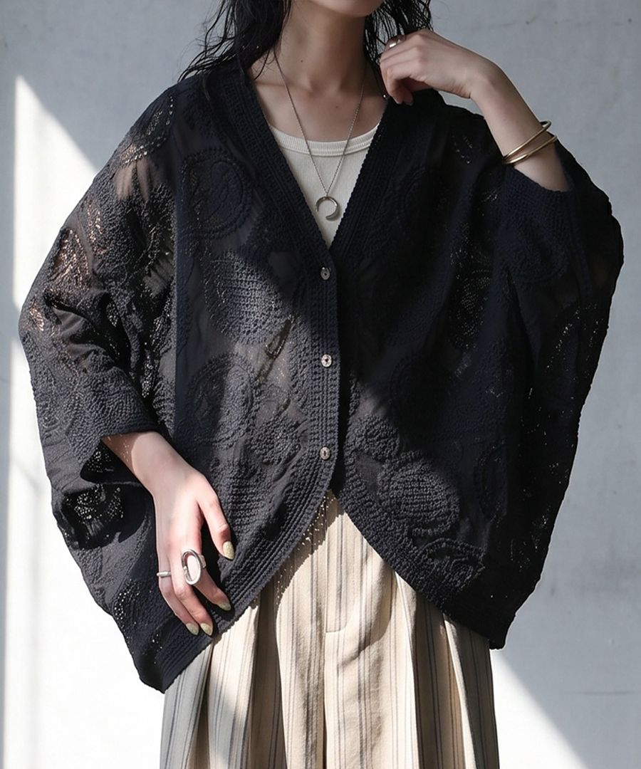 ZIMMERMANN カットワークレース リネン カーディガン 0 ブラック その一枚で、完成する。刺繍レース カーディガン レディース 七分袖