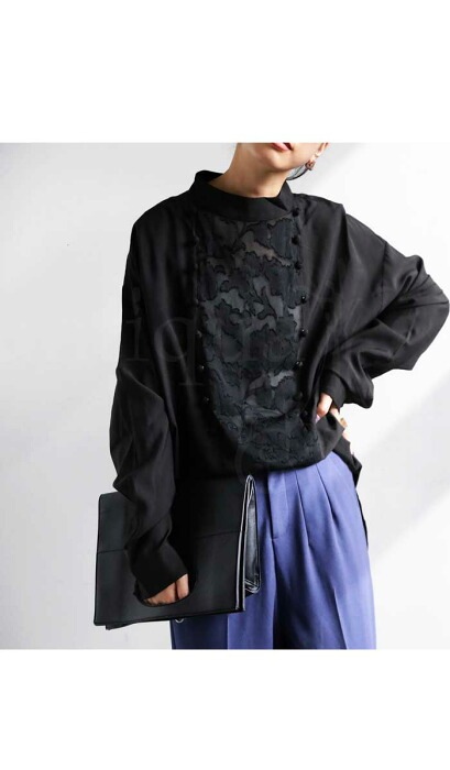 黒ゆったりボタン付スリーブ　ポリエステル100% F patterntorso ロントレース ブラウス レディース トップス 長袖 送料無料・再