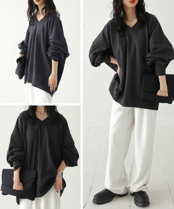 Vネック裏毛トップス トレーナー レディース 長袖 送料無料・メール便