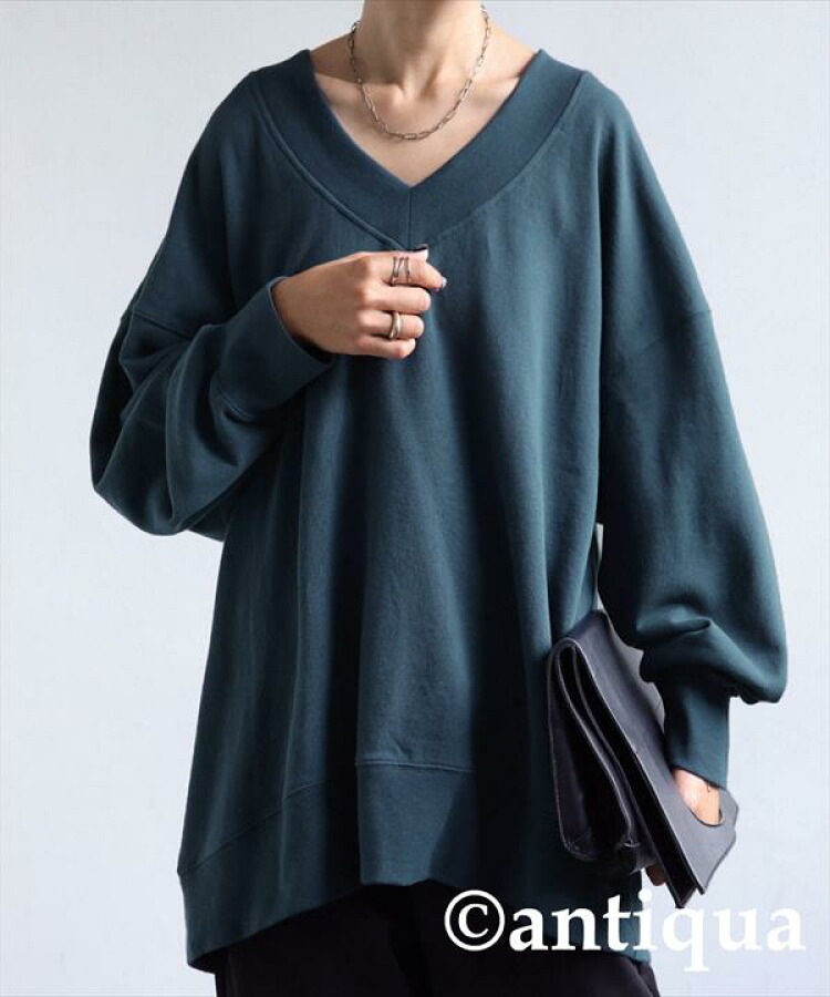 Vネック裏毛トップス トレーナー レディース 長袖 送料無料・メール便