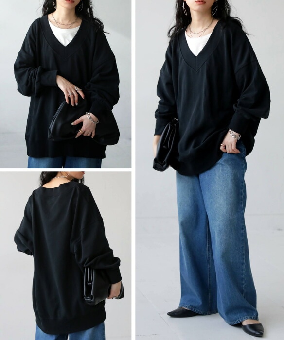 Vネック裏毛トップス トレーナー レディース 長袖 送料無料・メール便