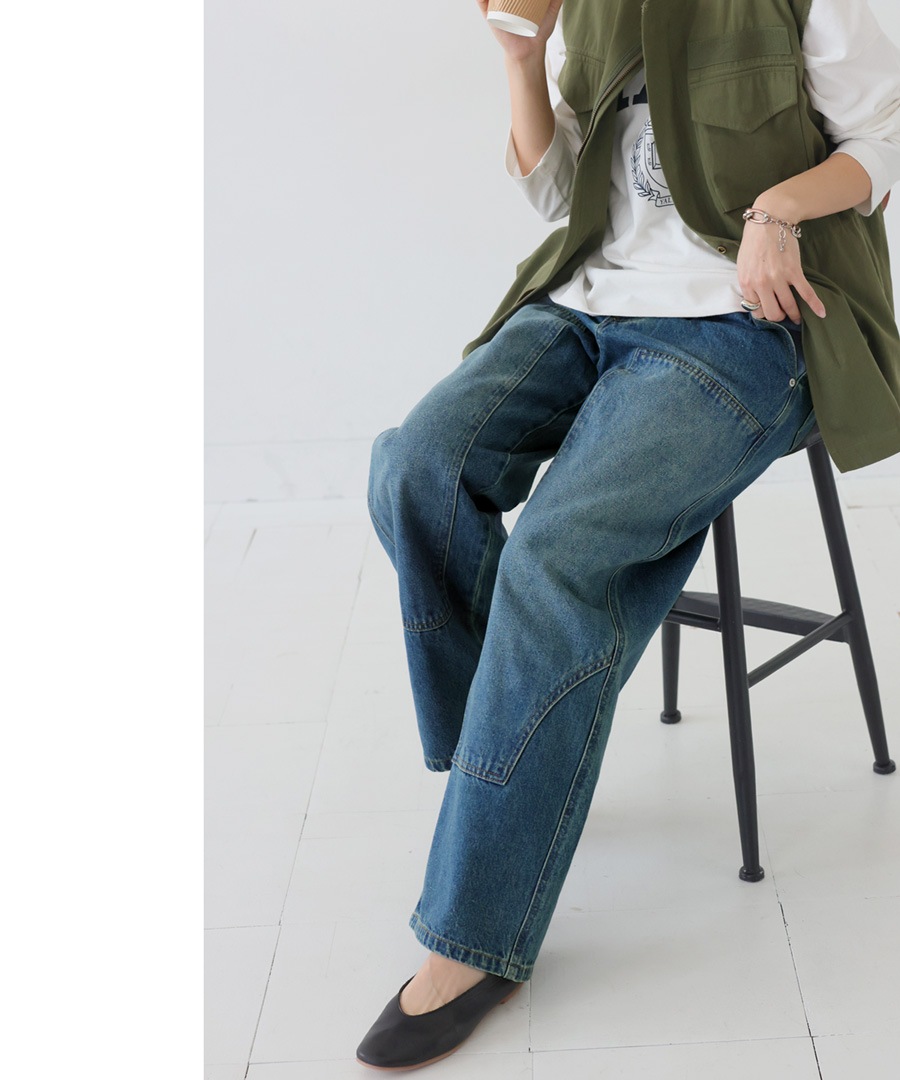 ダブルニーデニム パンツ レディース ボトムス ロング 送料無料