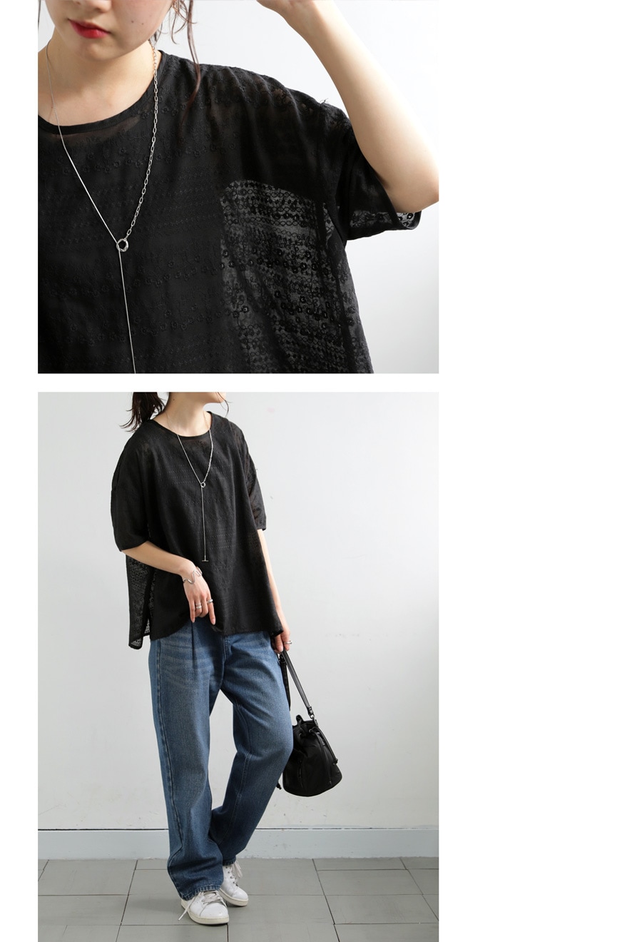 antiqua 刺繍シアートップス　ブラック antiqua（アンティカ） 刺繍シアートップス ブラウス レディース
