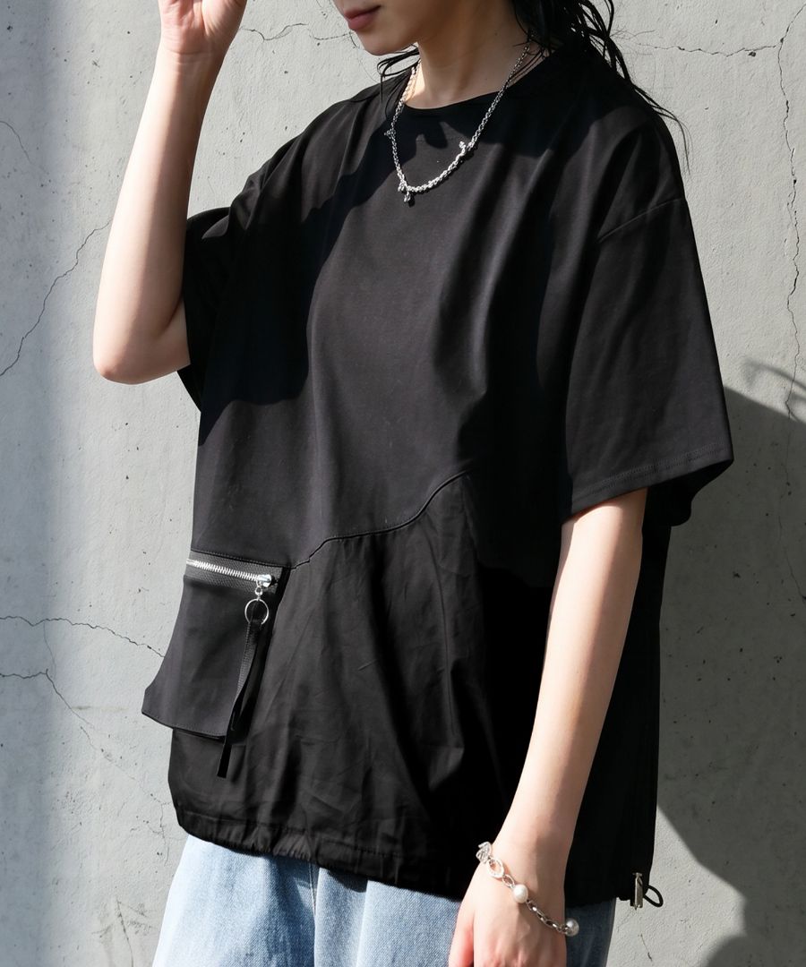 シンプルに、ひと工夫。異素材切替 Tシャツ レディース 半袖 無地 送料