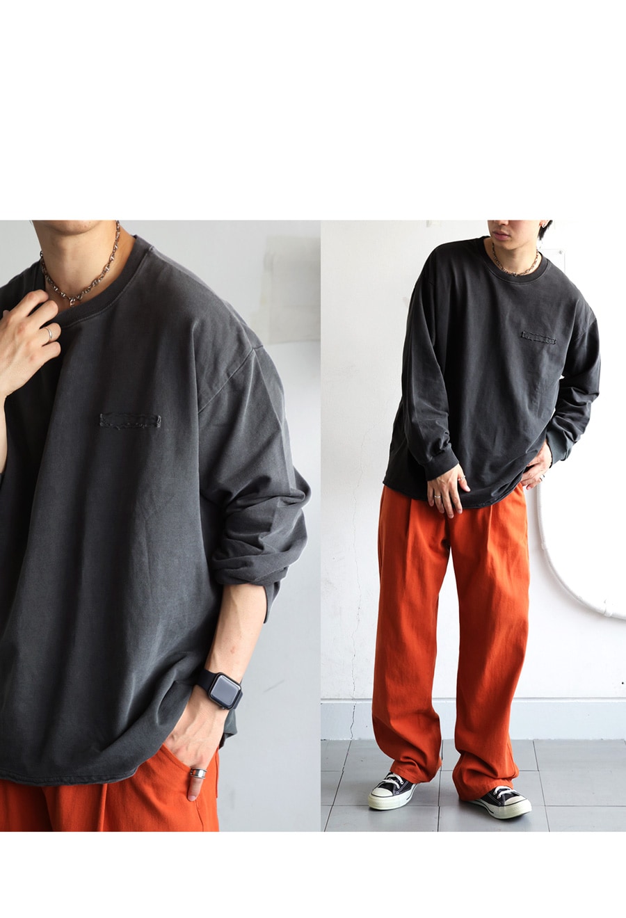 ピグメント加工 ロングTシャツ メンズ トップス 綿100・再入荷 メール