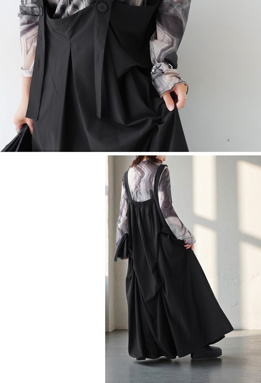 サイドタックのサロペットスカート ／チャコール　М　新品 シックな気分で、着回し広がる」サイドタックのサロペット