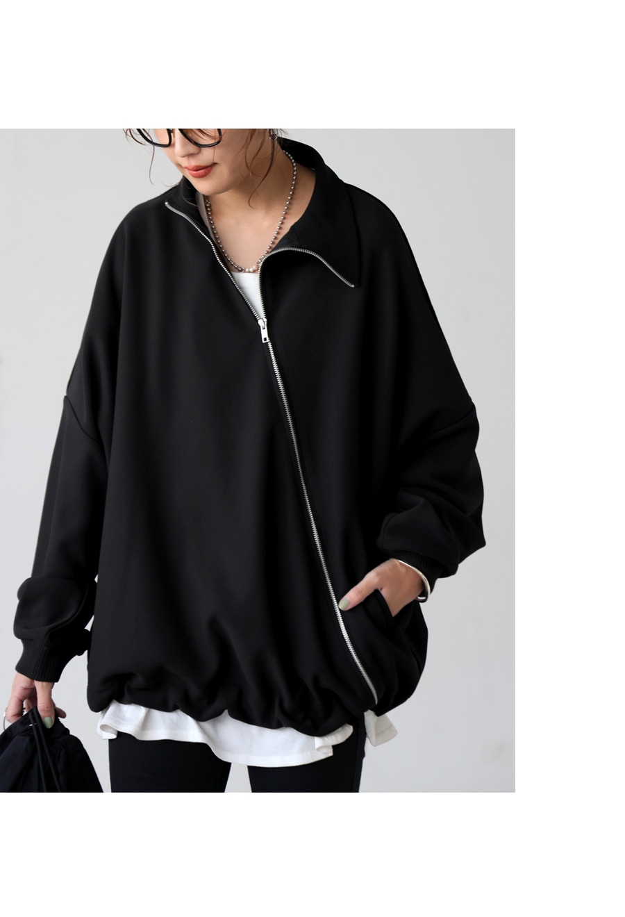 斜めZIP 裏起毛 ジョーゼットジャケット レディース 送料無料・メール