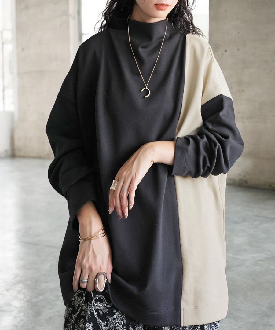 バイカラー トップス レディース 長袖 ボトルネック 送料無料