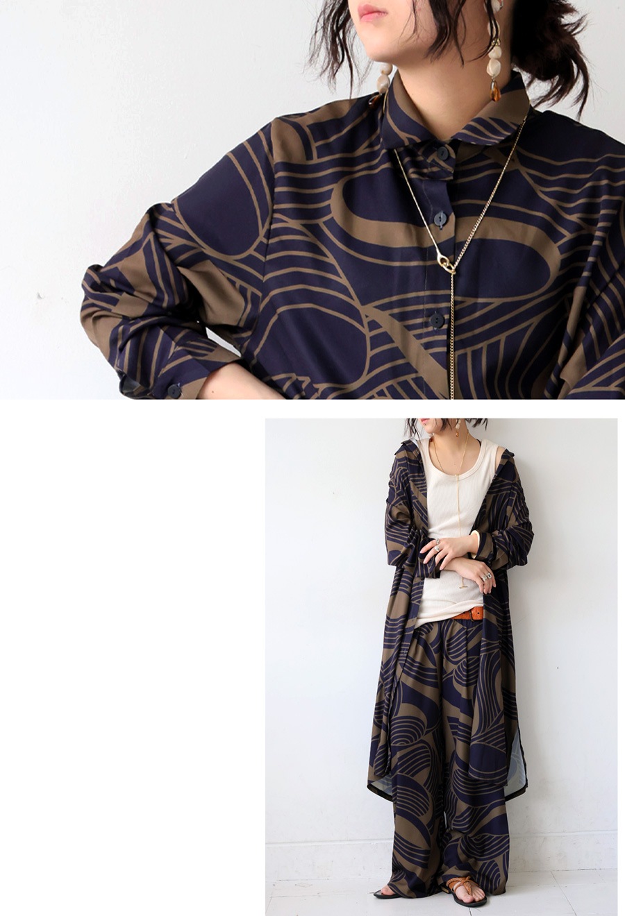 幾何学柄 シャツワンピース レディース ロング 長袖 送料無料・(80