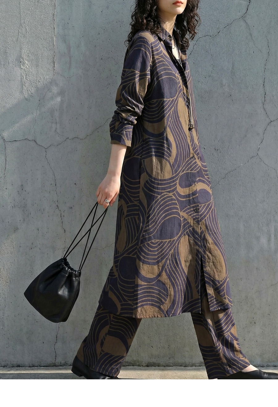 幾何学柄 シャツワンピース レディース ロング 長袖 送料無料・(80