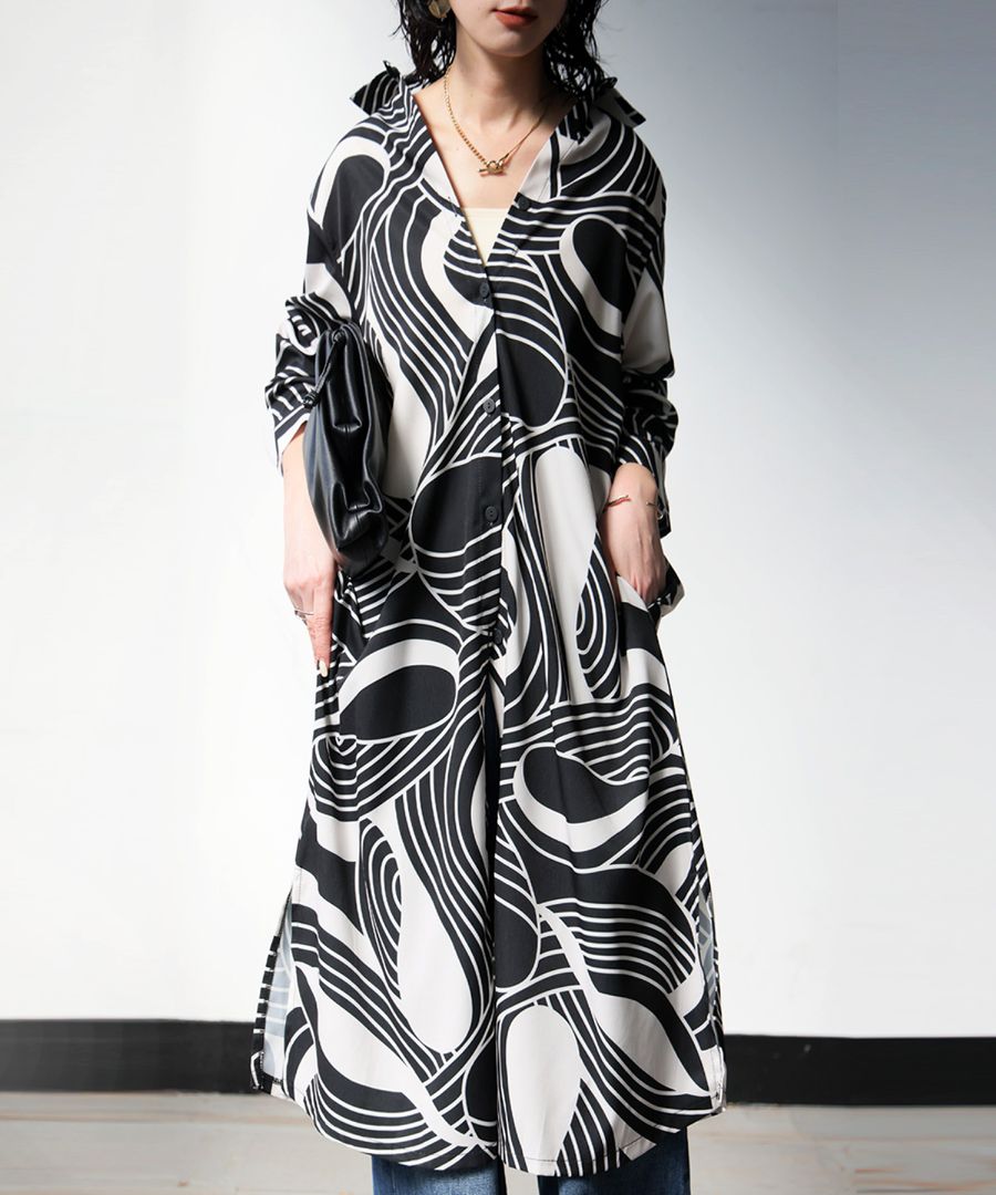 幾何学柄 シャツワンピース レディース ロング 長袖 送料無料・(80