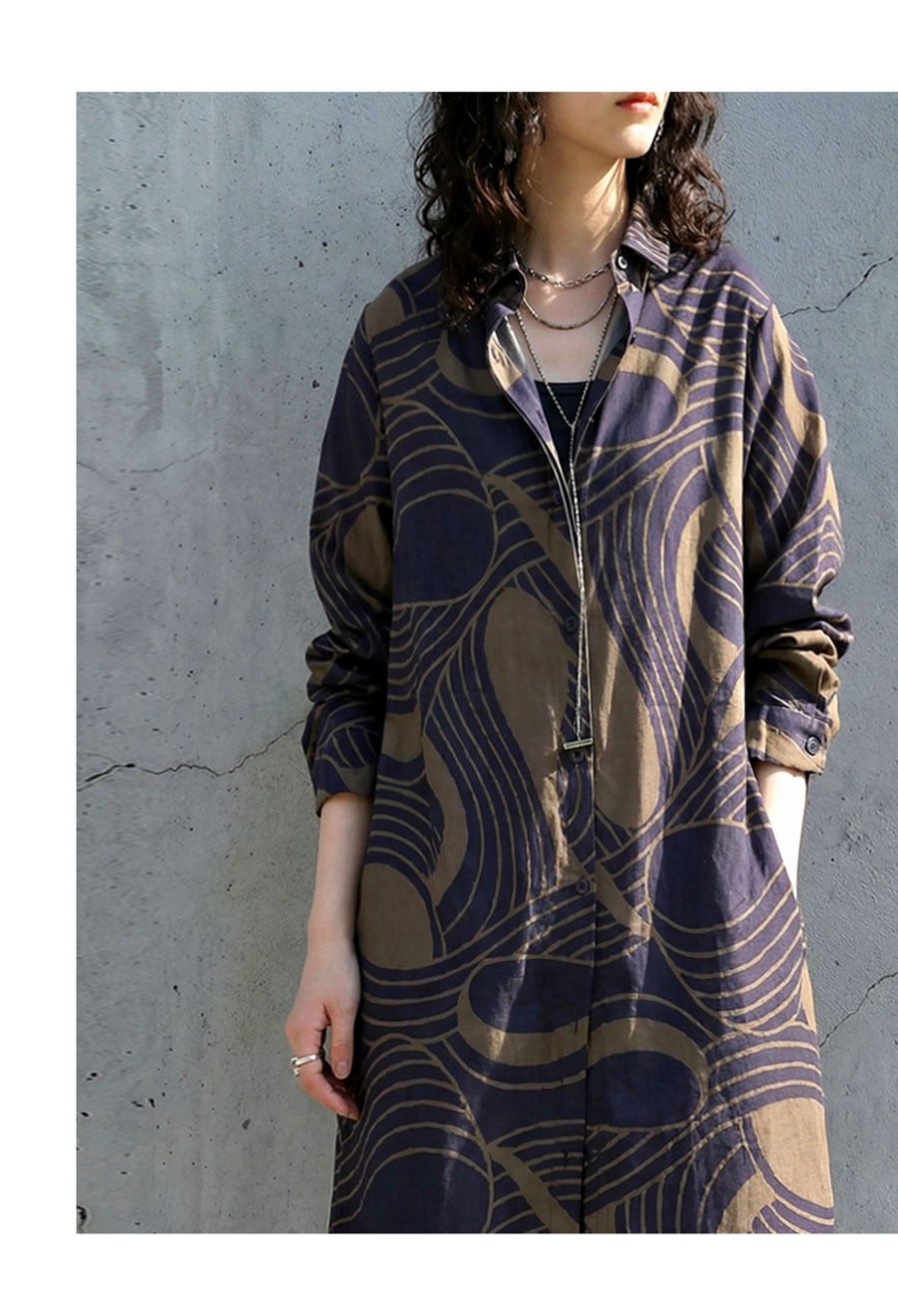 幾何学柄 シャツワンピース レディース ロング 長袖 送料無料・(80