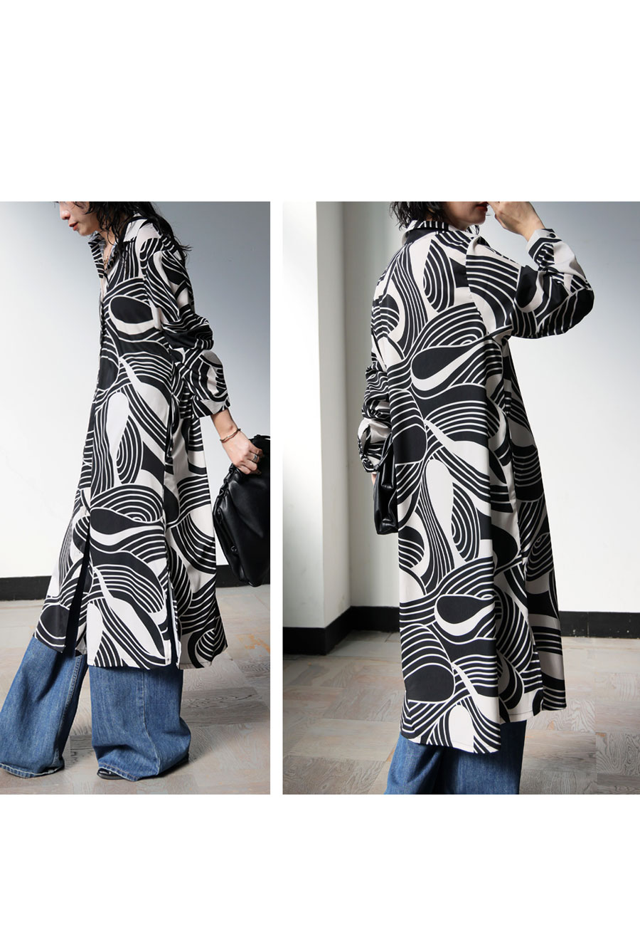幾何学柄 シャツワンピース レディース ロング 長袖 送料無料・(80
