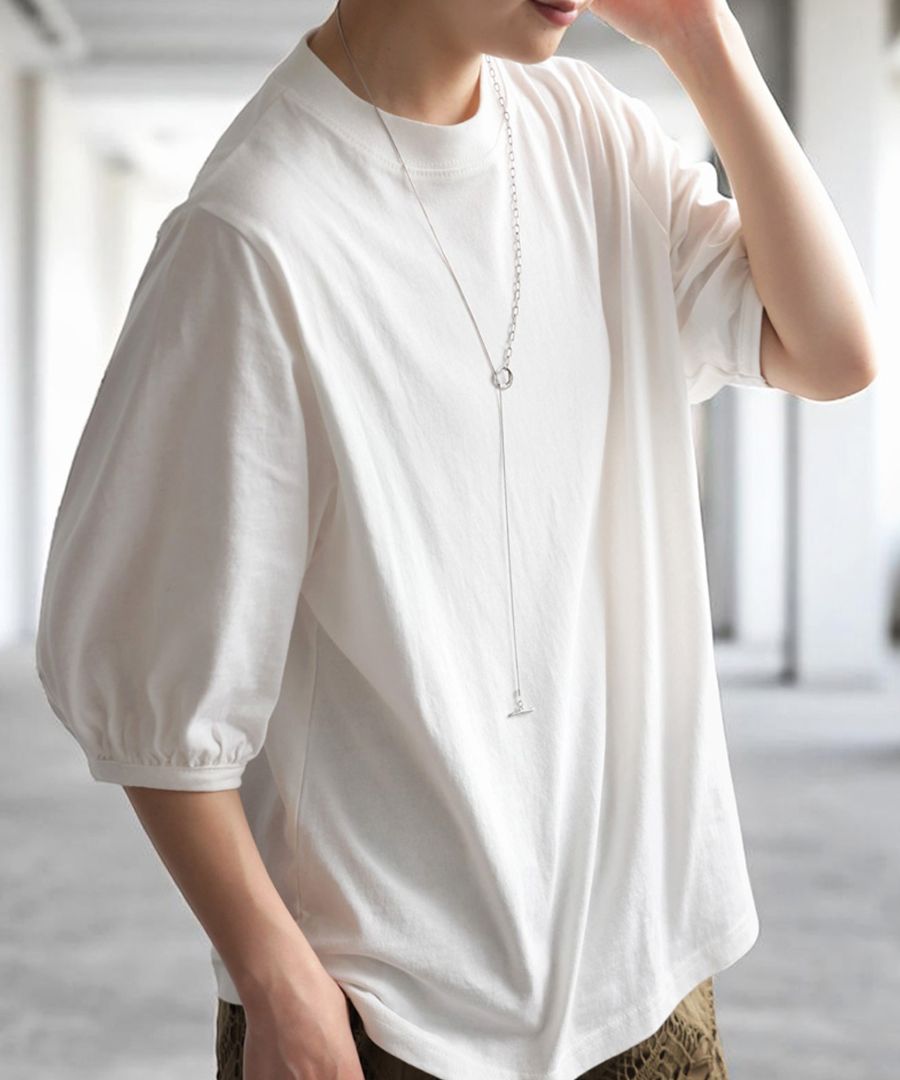 パフスリーブTシャツ レディース 五分袖 トップス・(80)メール便