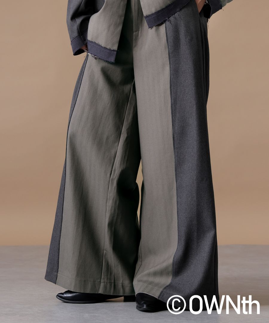 異素材切替 ワイドパンツ ユニセックス ロング 送料無料・メール