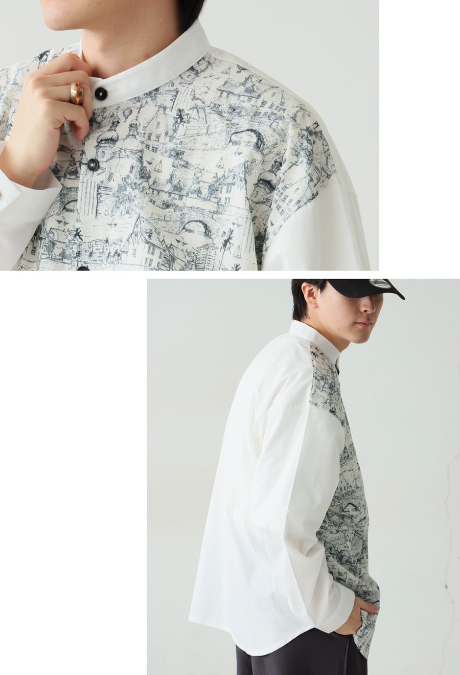 アート柄 シャツ メンズ 長袖 バンドカラー 送料無料・(50)メール便可