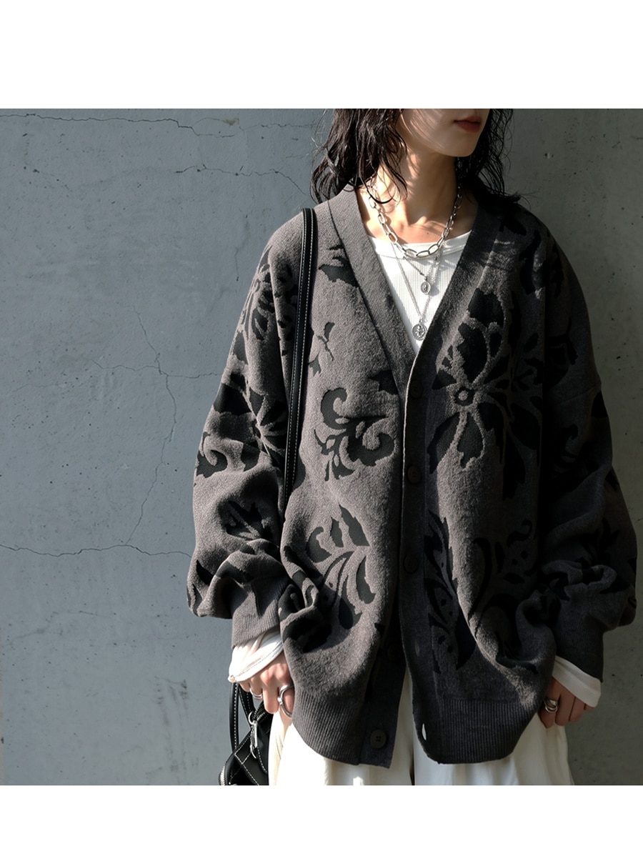 Lafayette ブラック バラ柄 カーディガン XXL めろニットシリーズ 花柄 ニットカーディガン レディース Vネック 長袖