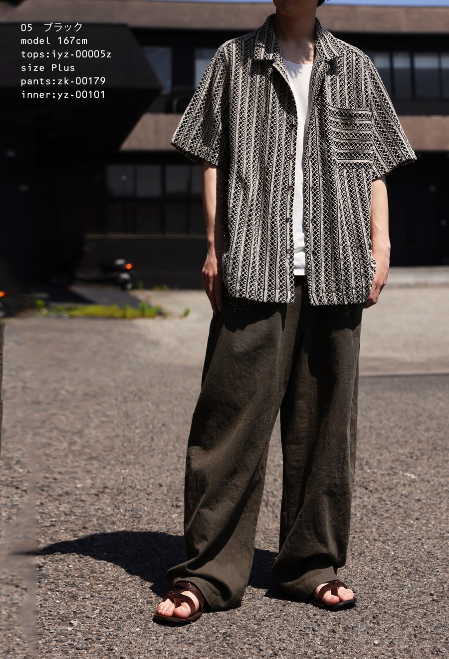 レース 開襟シャツ メンズ 綿100 半袖 トップス 送料無料・再入荷