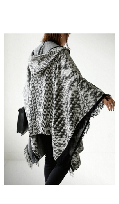 ヘリンボーン柄 フード付きポンチョ ポンチョ レディース 送料