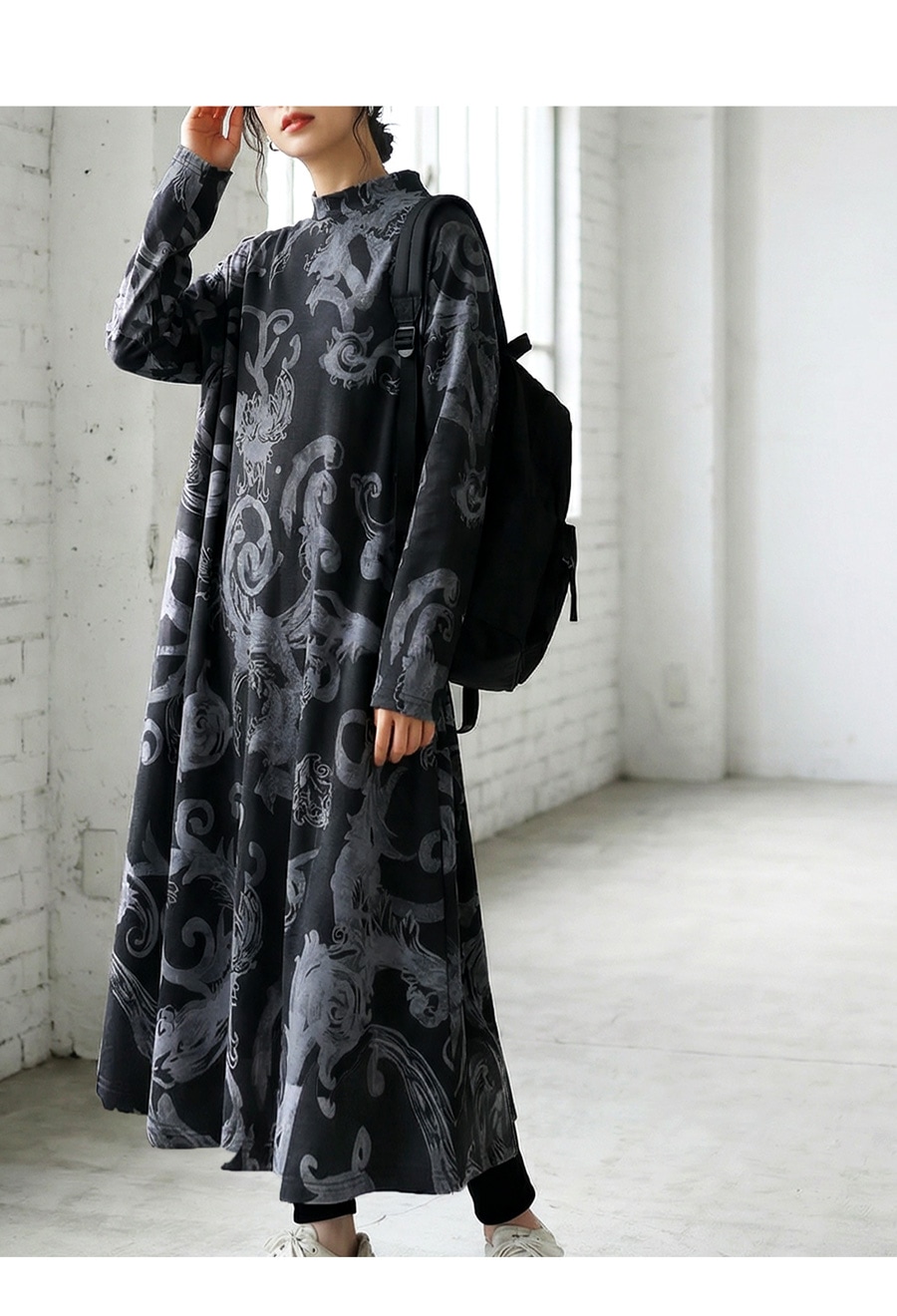 ボタニカル柄 ロングワンピース レディース 長袖 送料無料・メール便