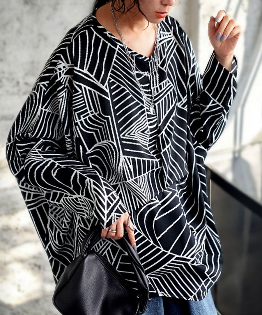 幾何学柄ドルマントップス トップス レディース 長袖 送料無料・(80