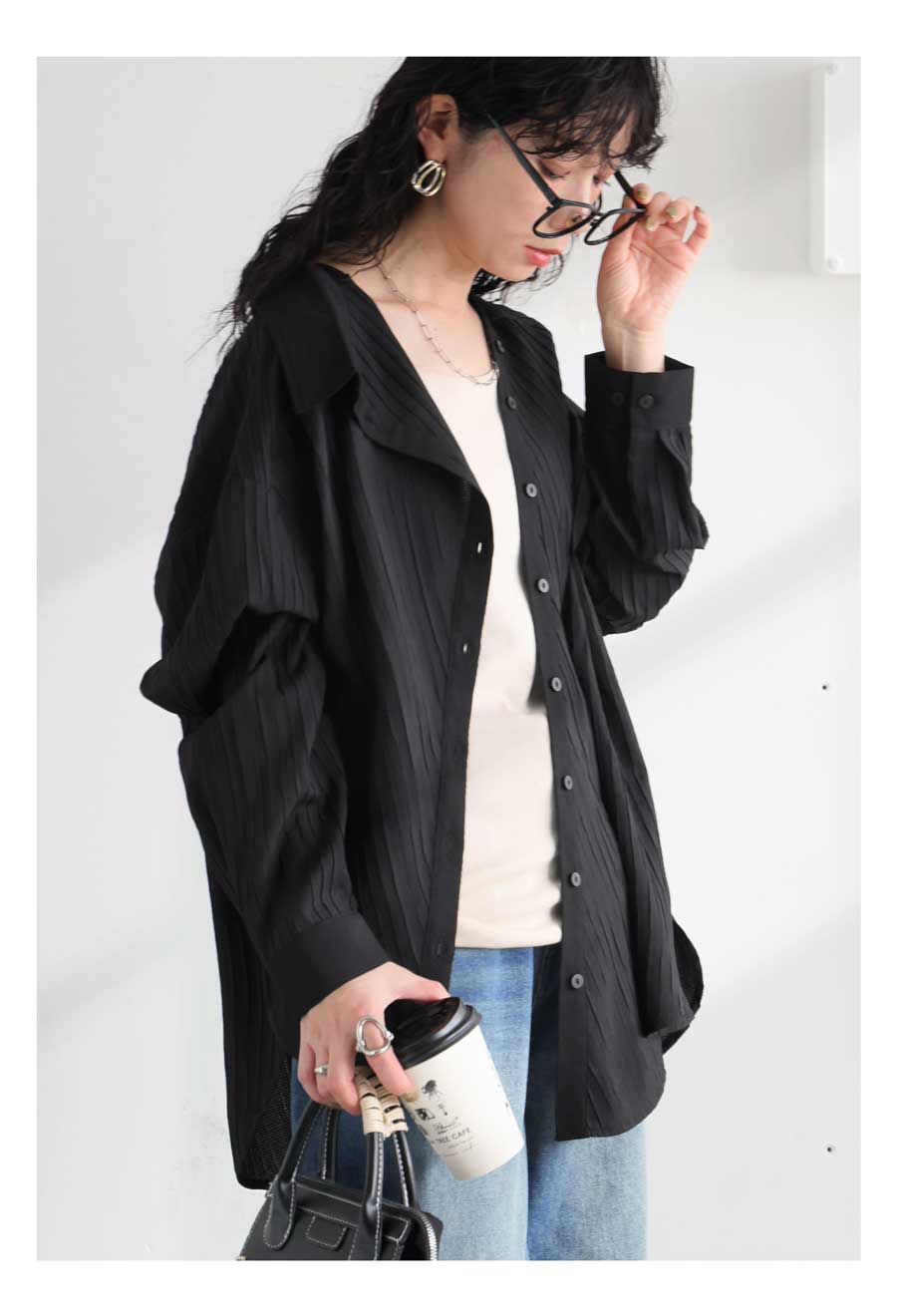 〈新品未使用タグ付〉ETHOSENS アシンメトリーシャツ BLACK 3 希少 アシンメトリーサイドチェックライン半袖シャツ -オーバーサイズ