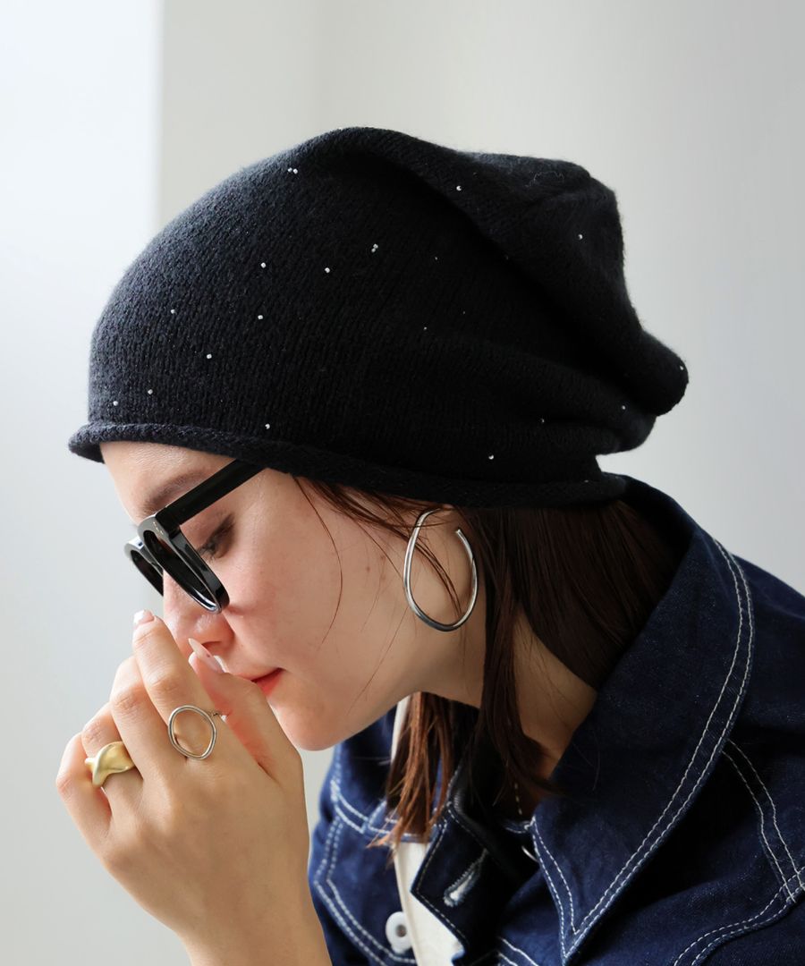 パール付きニット帽 レディース 帽子 リブ編み 防寒 パール・(50