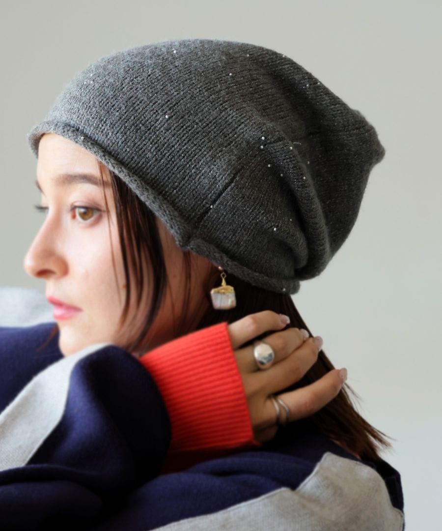 パール付きニット帽 レディース 帽子 リブ編み 防寒 パール・(50