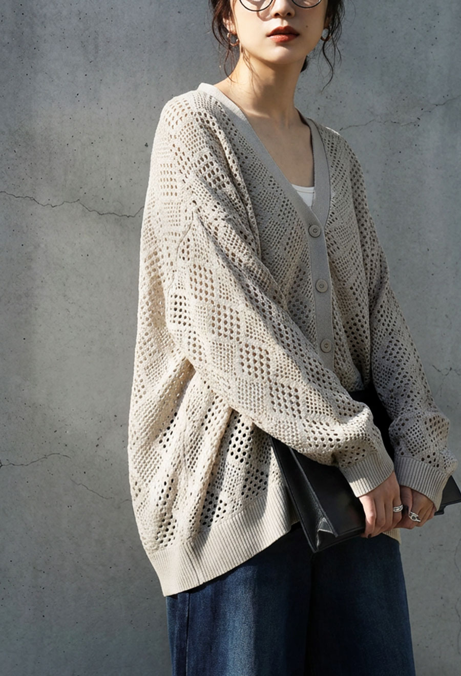 透かし編み ニットカーディガン レディース Vネック 送料無料・メール
