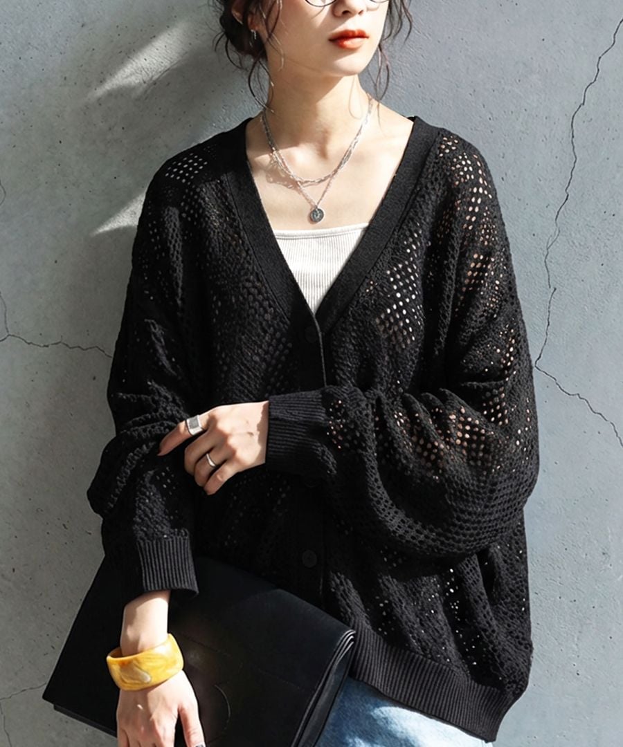 透かし編み ニットカーディガン レディース Vネック 送料無料・メール