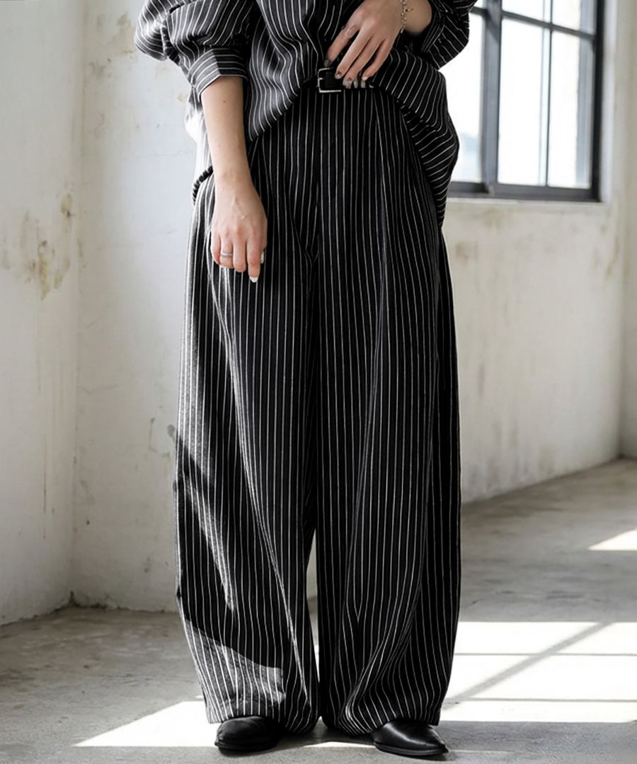 ストライプ柄 ワイドパンツ レディース ロング丈 送料無料・(500