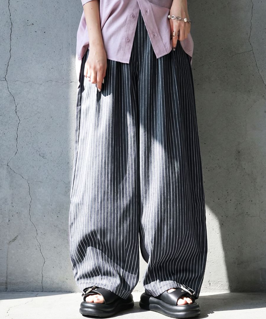 ストライプ柄 ワイドパンツ レディース ロング丈 送料無料・(500