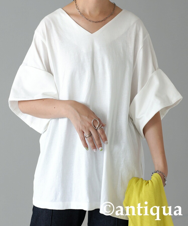 ボリューム袖 Tシャツ レディース トップス 半袖 Vネック・再販 ボリューム袖 Tシャツ レディース トップス 半袖 Vネック・再販
