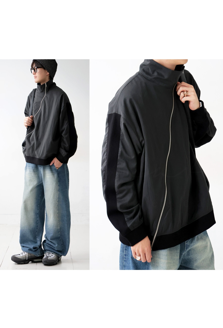 予約：1月上旬納期】斜めジップ 配色ライン ブルゾン メンズ 羽織り
