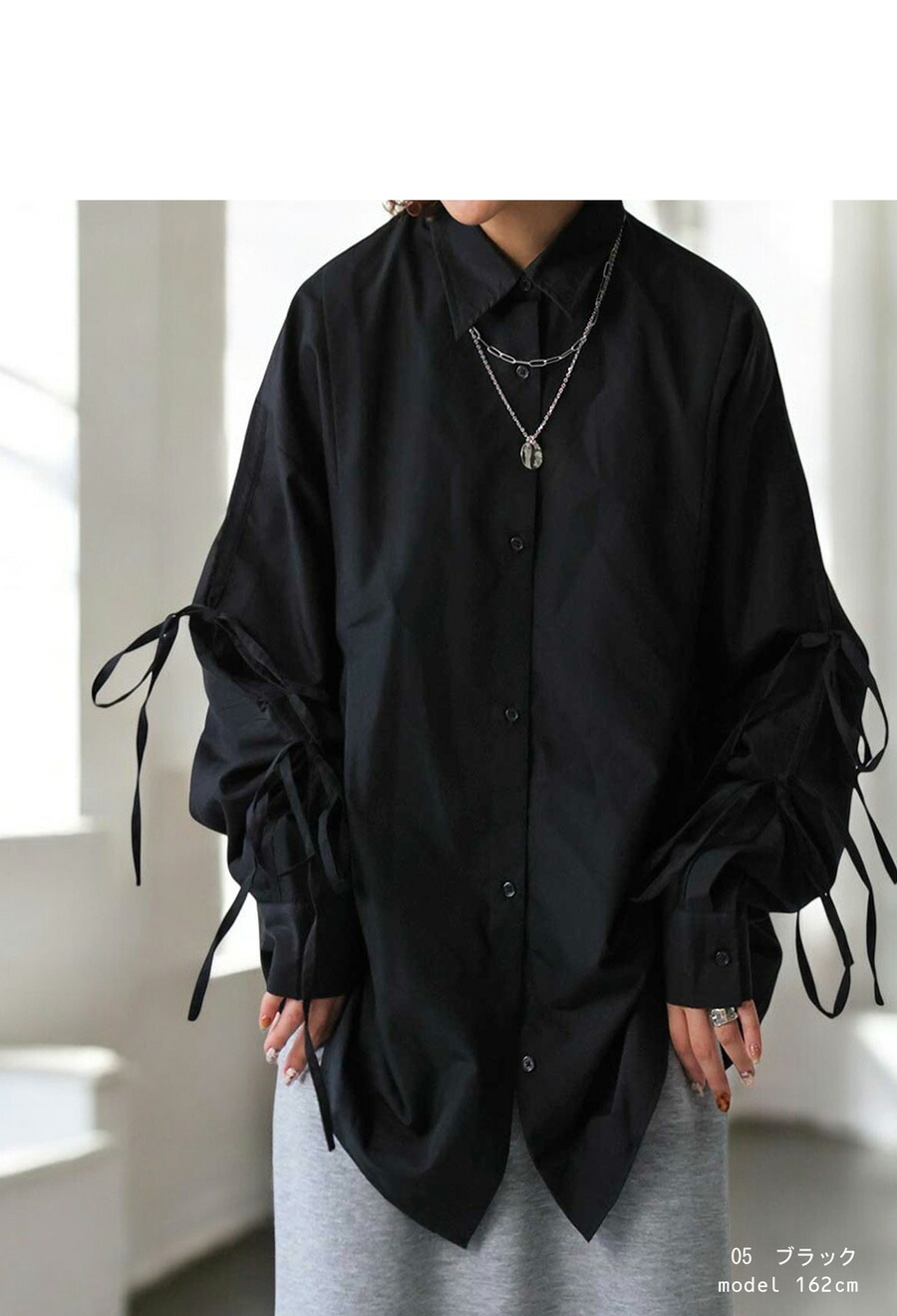 R*R様 リボン付きオーバーサイズ黒シャツ リボンシャツ シャツ レディース トップス 長袖 送料無料・(100)メール