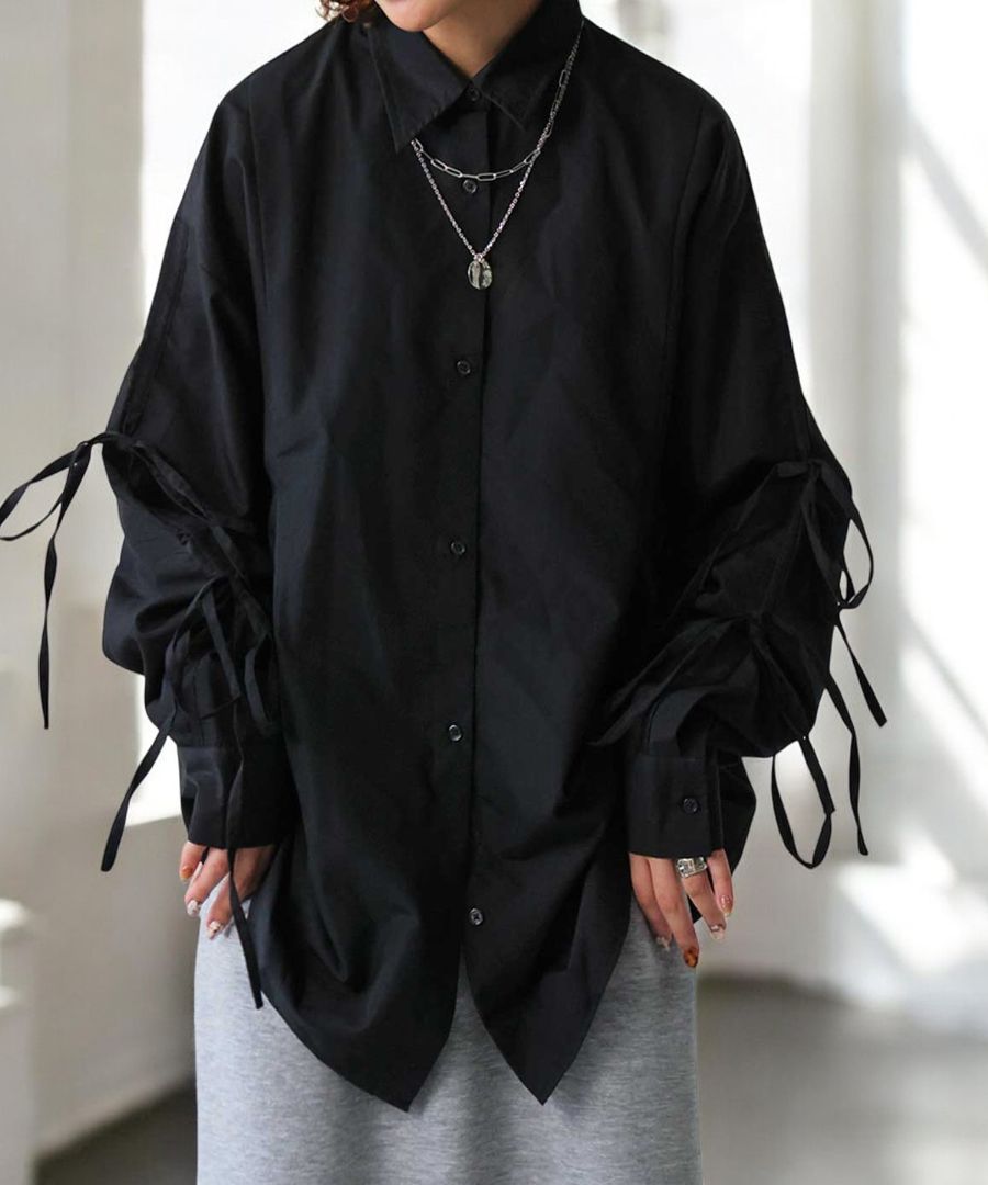 R*R様 リボン付きオーバーサイズ黒シャツ リボンシャツ シャツ レディース トップス 長袖 送料無料・(100)メール