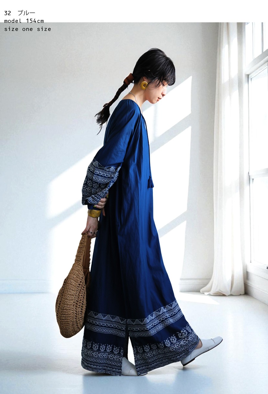 （s3）ヌキテパ 　デニム刺繍ワンピース　着丈129　インディゴ 刺繍ワンピース レディース ワンピース インド綿 送料無料