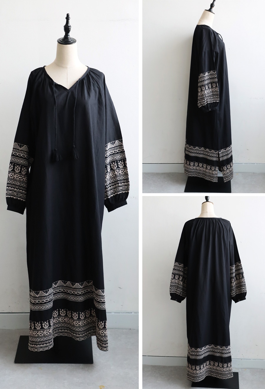 【Vikini Vender】ブラック刺繍アクセントロングワンピース 刺繍ワンピース レディース ワンピース インド綿 送料無料・7月