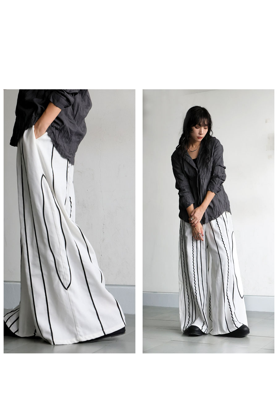 刺繍ライン入り ワイドパンツ レディース ロング 送料無料