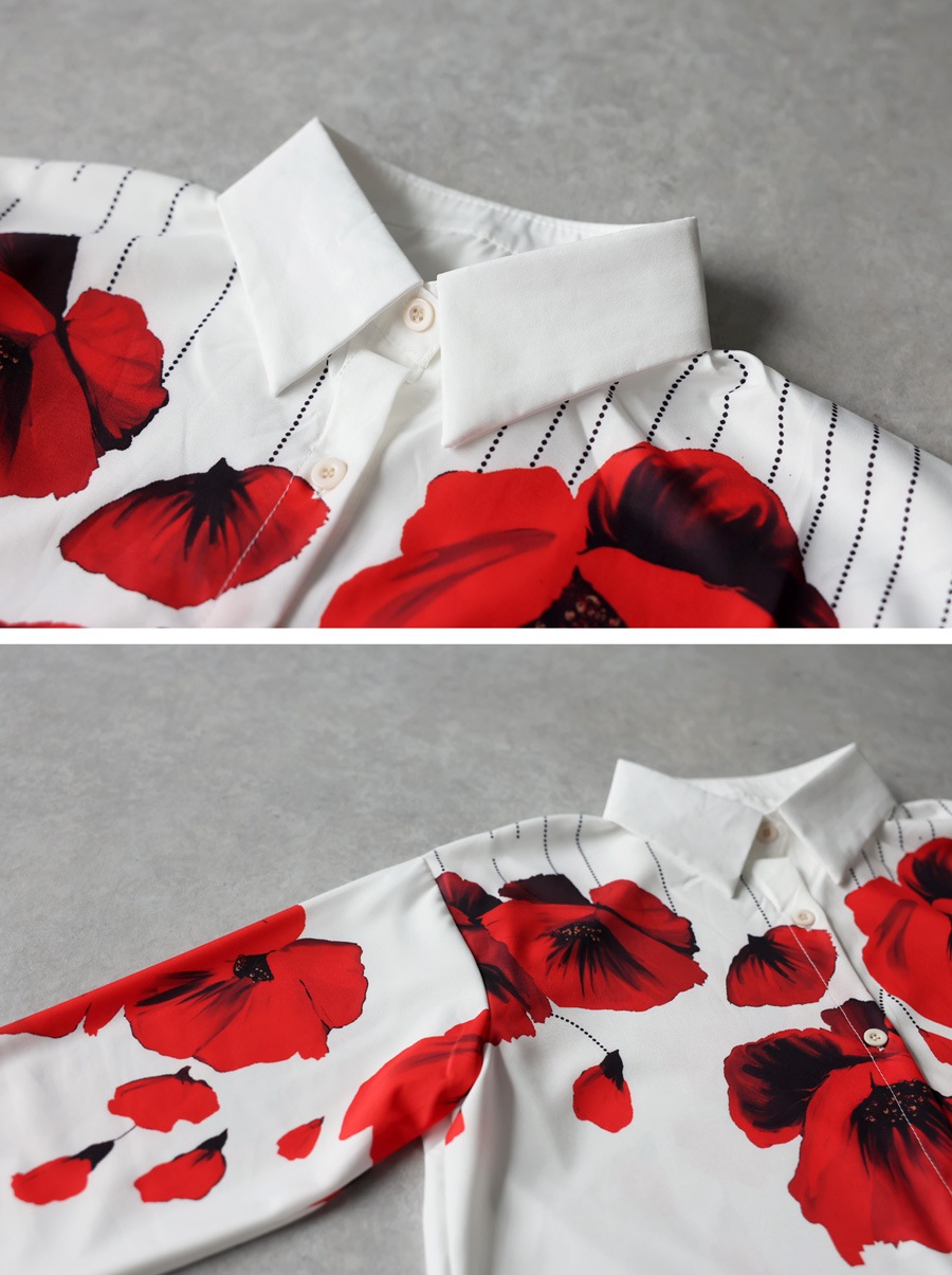 ☆美品　ワンダフルワールド  菊、唐草　Tシャツ　赤系 一枚で、華やぐ。シャツ レディース 長袖 レギュラーカラー 花柄 送料