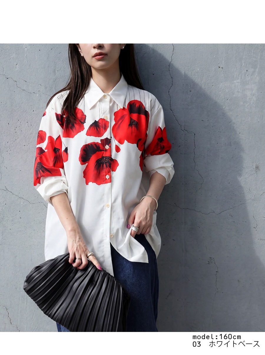 ☆美品　ワンダフルワールド  菊、唐草　Tシャツ　赤系 一枚で、華やぐ。シャツ レディース 長袖 レギュラーカラー 花柄 送料