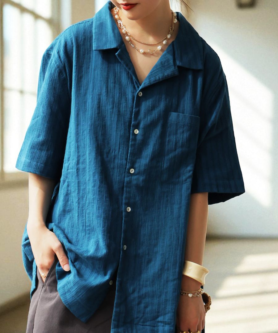 千*尋様 &ellecy　レース開襟半袖シャツ ライムグリーン LUENNA】Short Sleeve Regular Collar Shirt / 半袖レギュラー