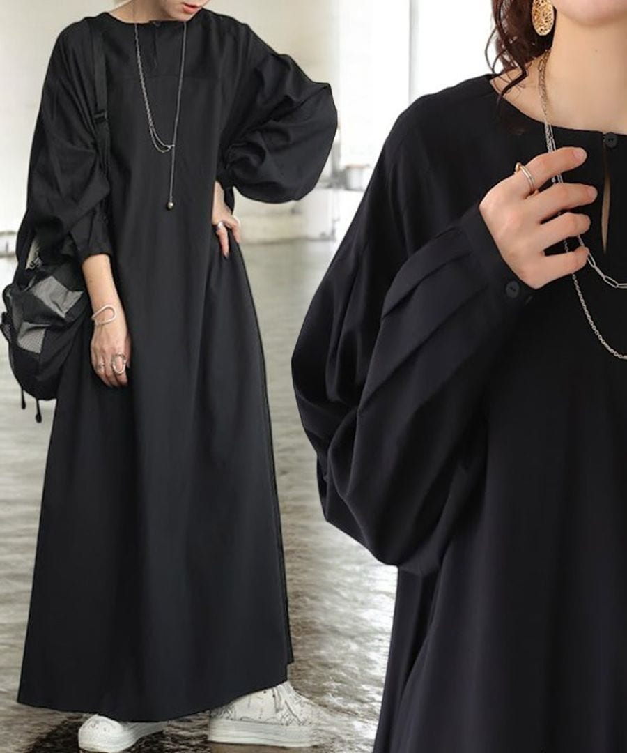 LEONARD ネイビー ドレープデザイン 長袖ワンピース